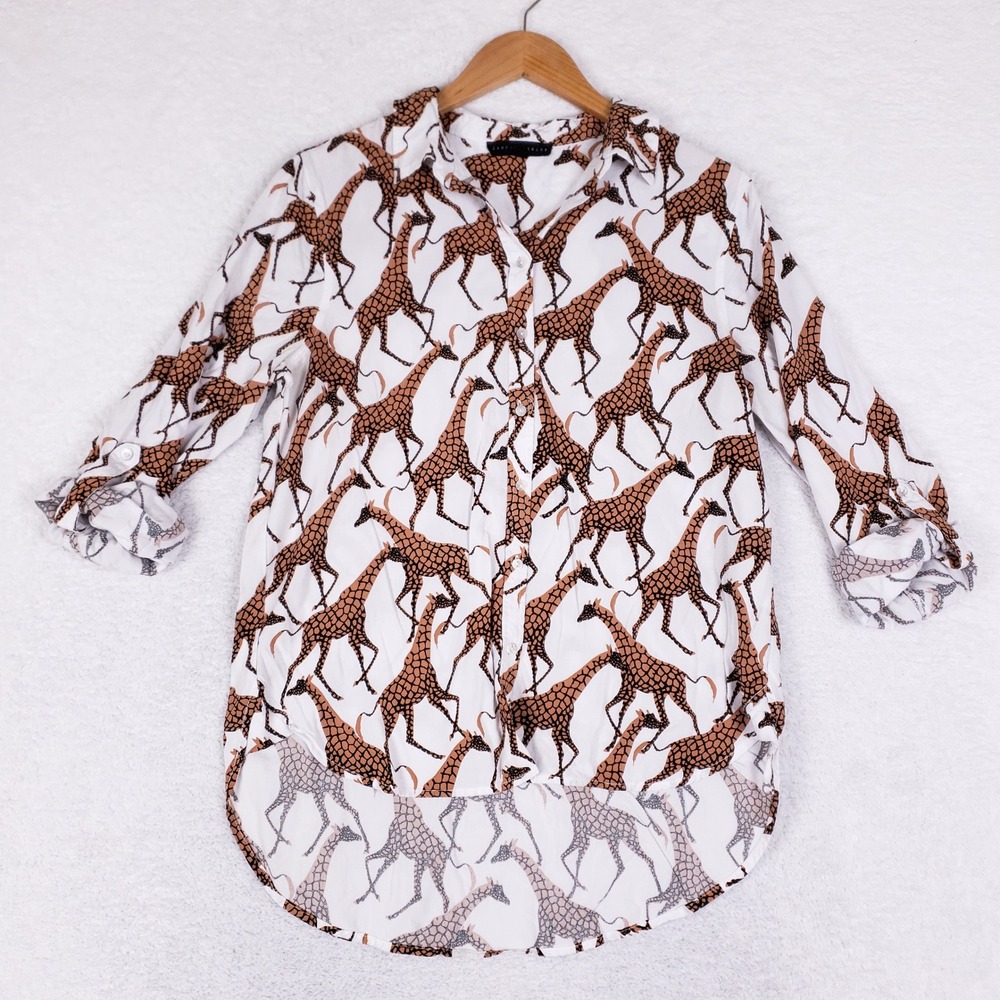 Jane + Delancey Giraffe Print Blouse Women Tunic High Low Rayon Safari Roll Tab